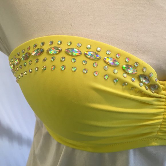 Victorias Secret Bikini Top Padded Push Up Underwire 34D Yellow Jewel Rhinestone - Picture 7 of 13